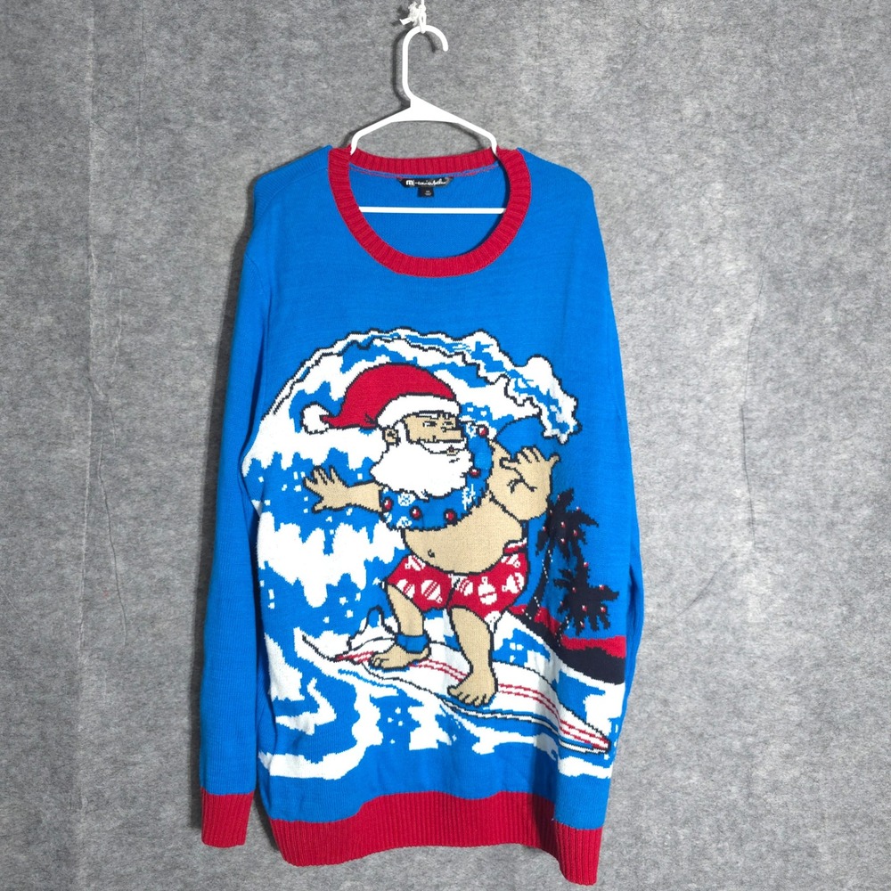 TravisMathew Surfing Santa Sweater Mens XXL Blue 1ML197S Ugly Christmas Tropical